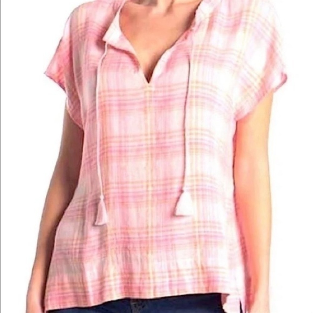 Tommy Bahama mad plaidee linen blouse in Malibu peach size L